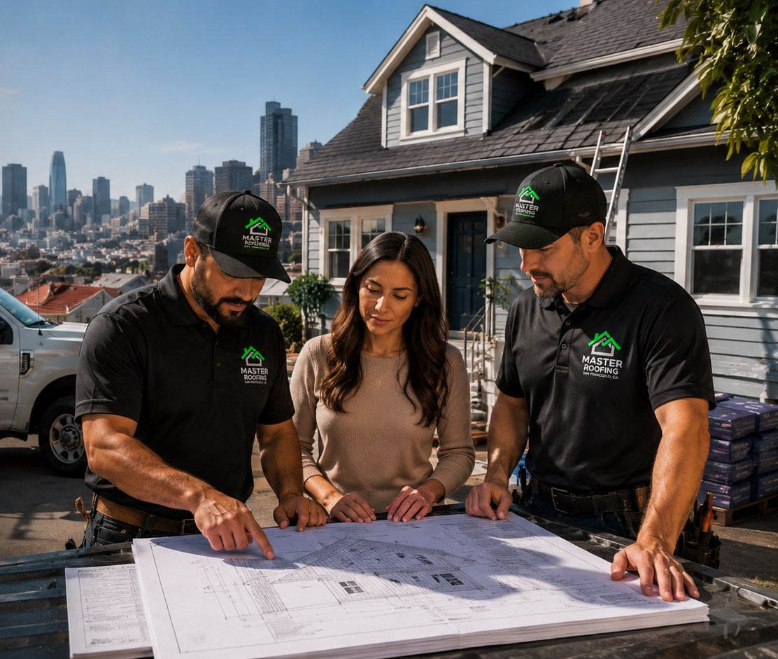 Aaron Mitchell and the Master Roofing San Francisco CA crew reviewing roof plans on a rooftop with the San Francisco skyline in the background and a branded service truck nearby